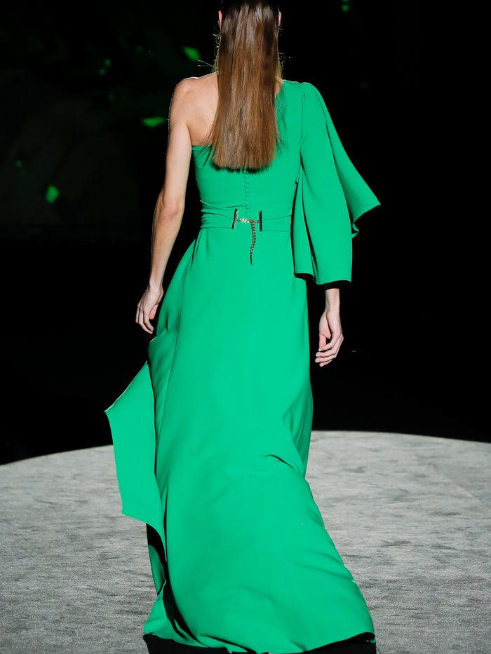 Hannibal Laguna LOOK 20 FRAGANCIS | Vestido De Fiesta En Crepe Verde Asimétrico Con Falda Capote