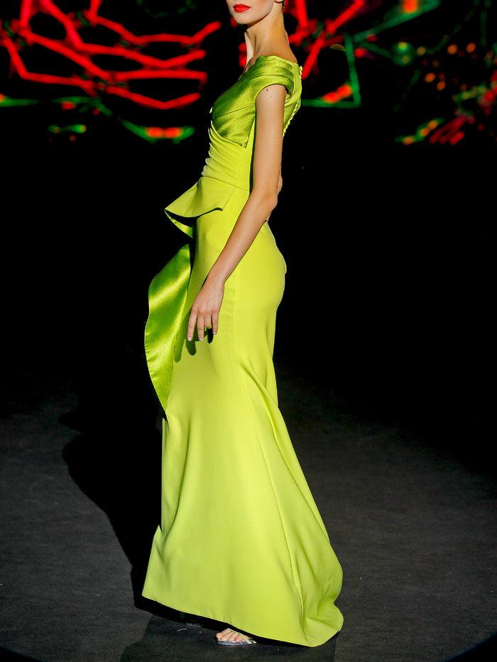 Hannibal Laguna LOOK 20 IBISCUS | Vestido De Fiesta Largo En Crepe Lima Y Martelé Verde
