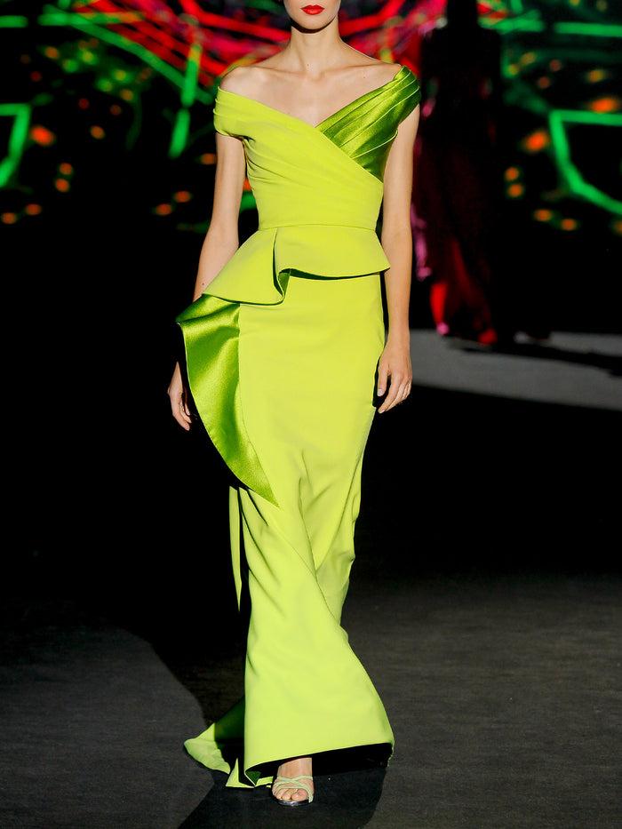 Hannibal laguna LOOK 20 IBISCUS | Vestido de fiesta largo en crepe lima y martelé verde