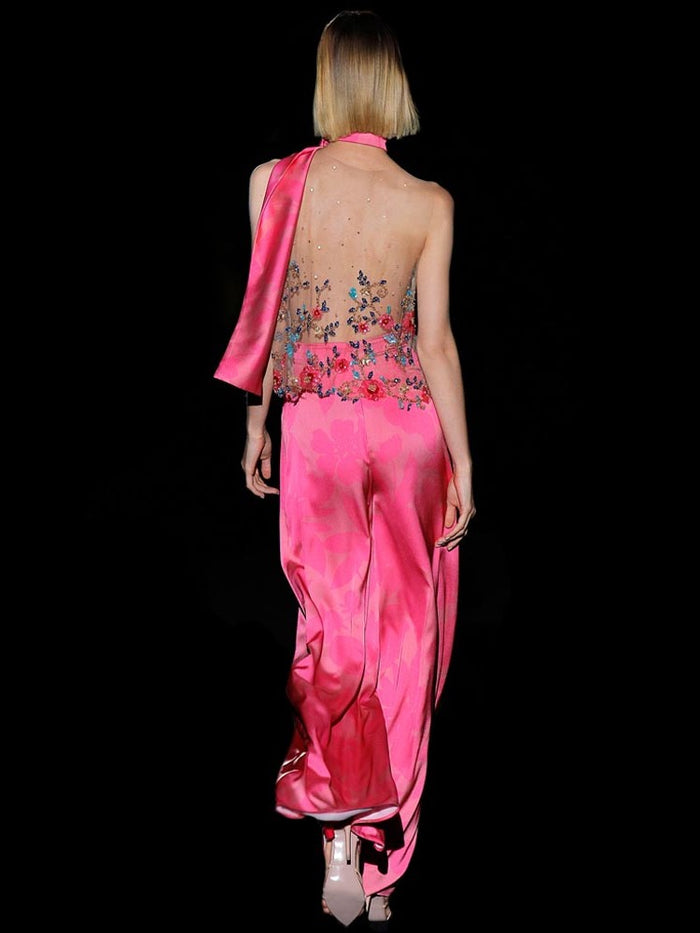 Hannibal Laguna Look 21 DAISY Y DINTEL | Blusa Tul Bordado Floral. Pantalon Ancho Satín