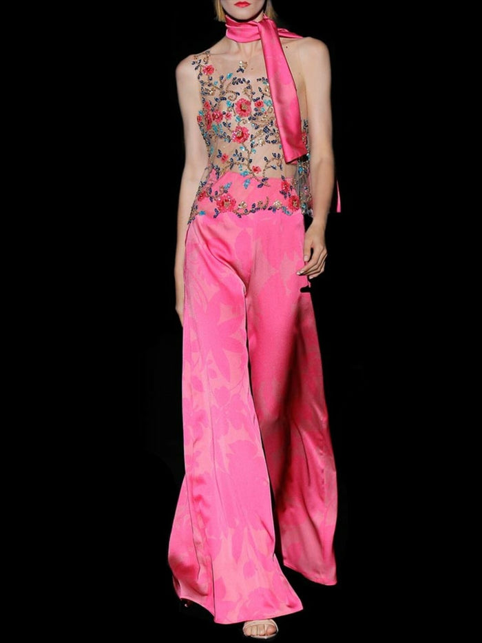 Hannibal laguna Look 21 DAISY y DINTEL | Blusa tul bordado floral. Pantalon ancho satín