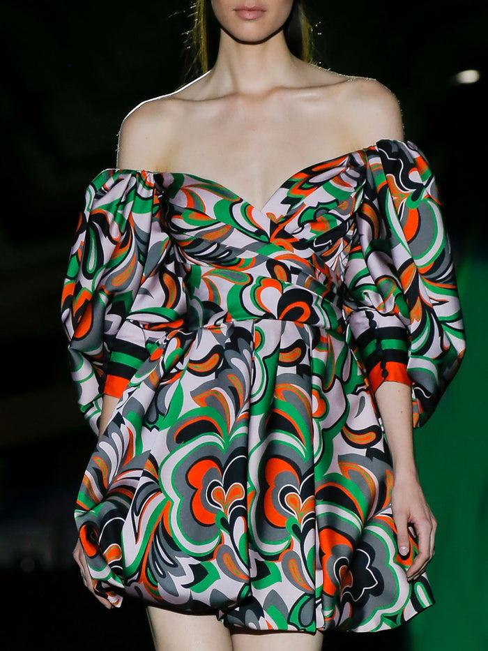 Hannibal Laguna LOOK 21 FANELI | Vestido De Fiesta En Satín Estampado Psicodelico Con Falda Bulbo