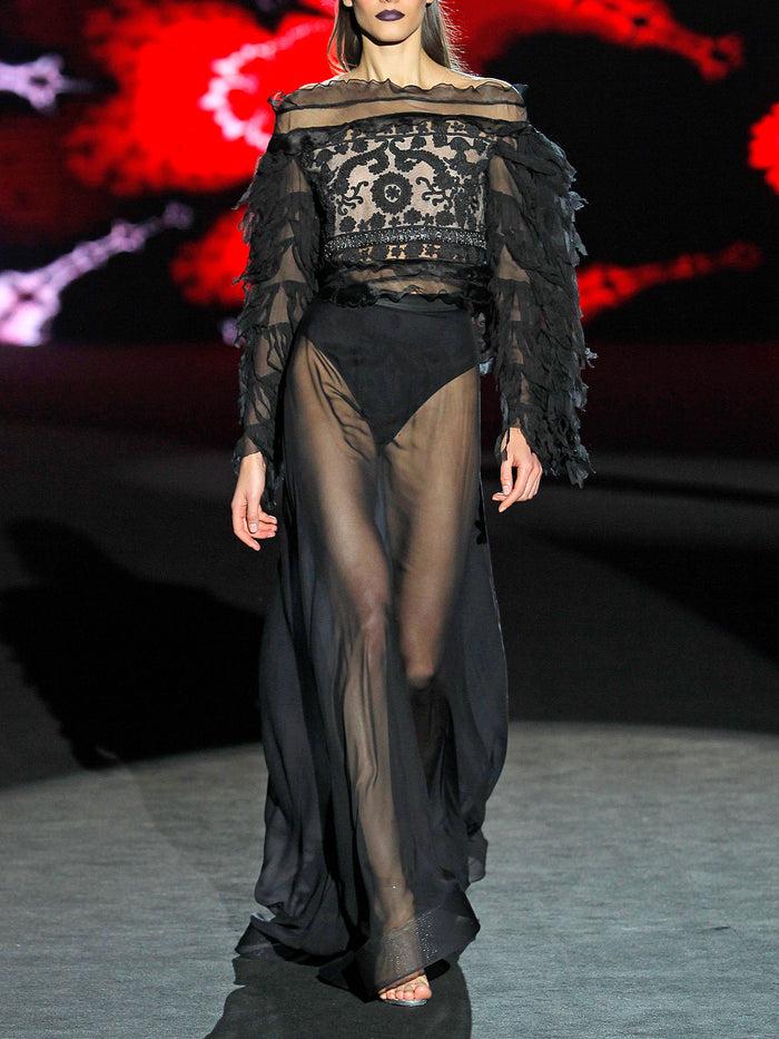 Hannibal laguna LOOK 21 HISPANIOLA Y HABANA | Cuerpo en soutache negro y gasa. Falda de gasa negra