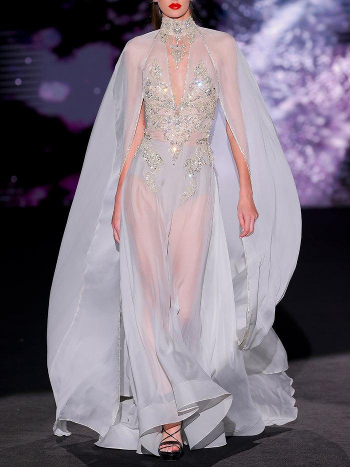 Hannibal laguna LOOK 21 Vestido JELBIA | Vestido de fiesta realizado en gasa de seda color gris perla e incrustaciones de swarovski