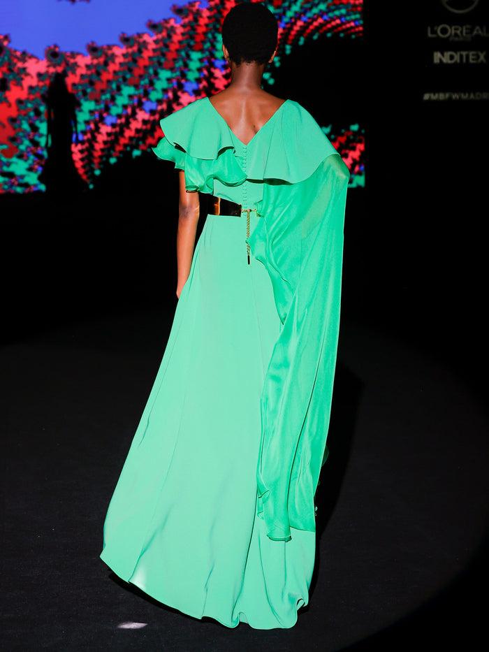 Hannibal Laguna LOOK 21 Vestido KAPELIA | Estido Largo En Crepe Clorofila Con Escote V Y Maxi Chal En Gasa