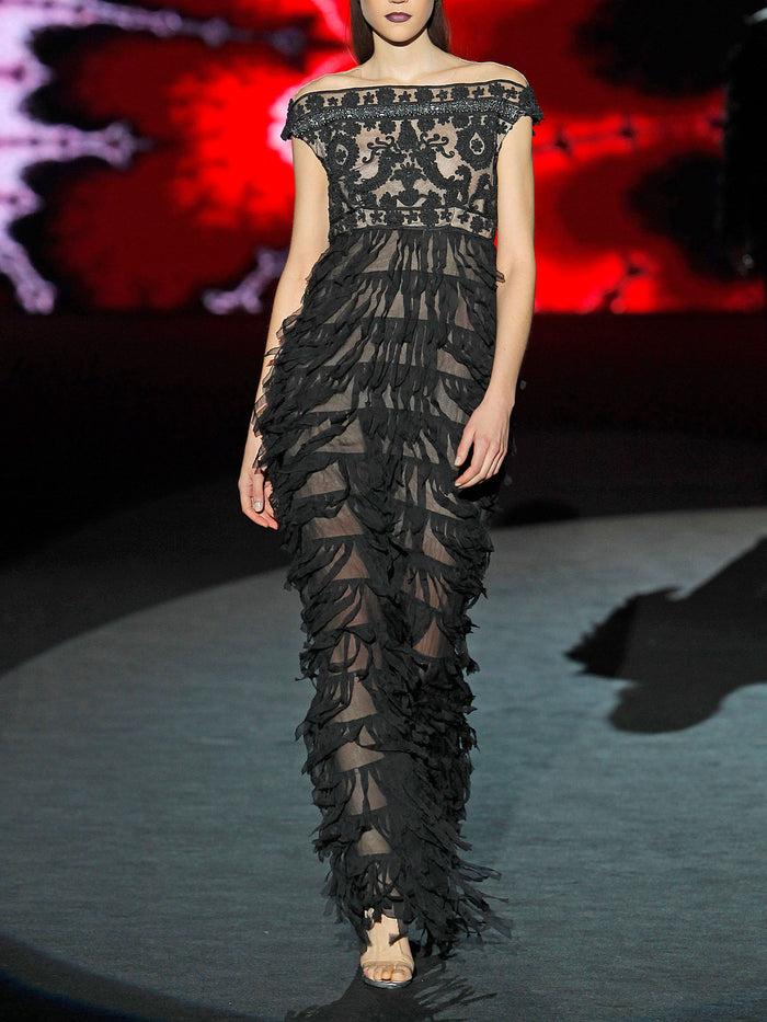 Hannibal laguna LOOK 22 HARLESTON | Vestido en soutache negro y gasa recortada