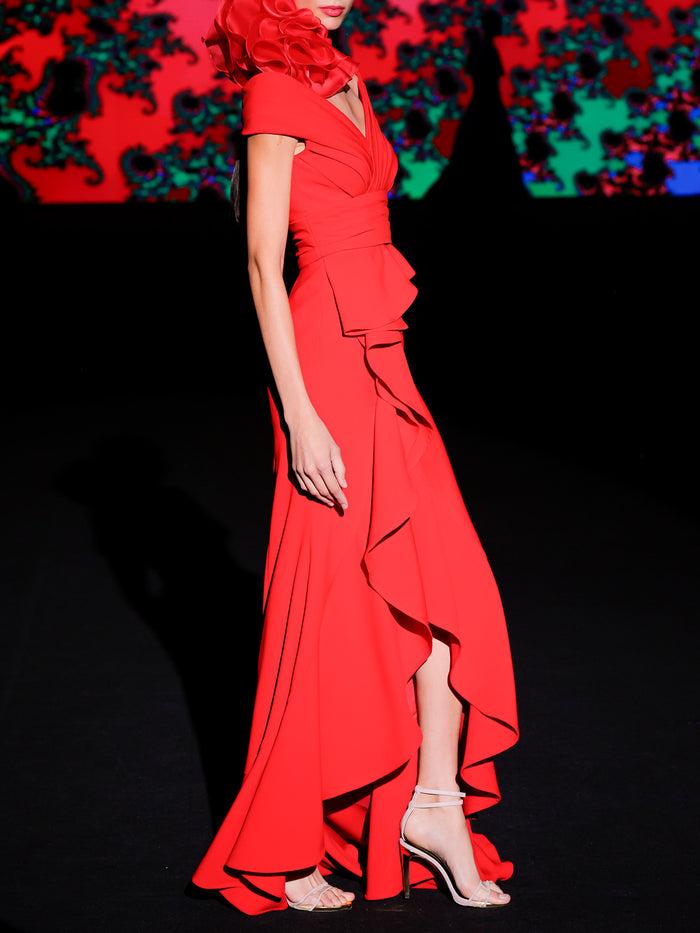 Hannibal Laguna LOOK 22 Vestido KATALIN | Vestido De Fiesta En Crepe Geranio Con Escote Liz Drapeado Y Falda Larga Asimétrica