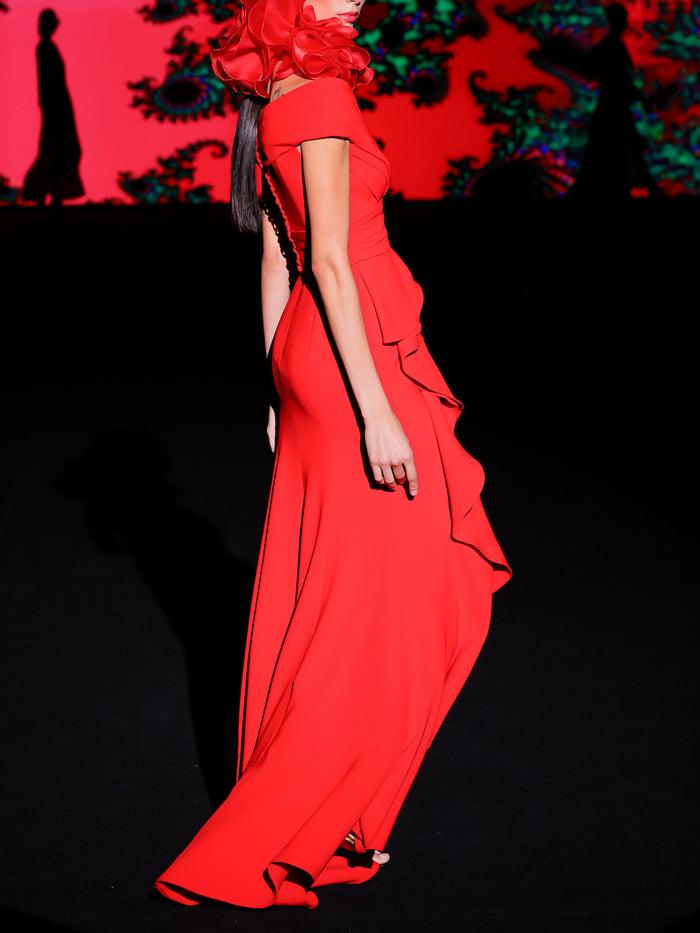 Hannibal Laguna LOOK 22 Vestido KATALIN | Vestido De Fiesta En Crepe Geranio Con Escote Liz Drapeado Y Falda Larga Asimétrica