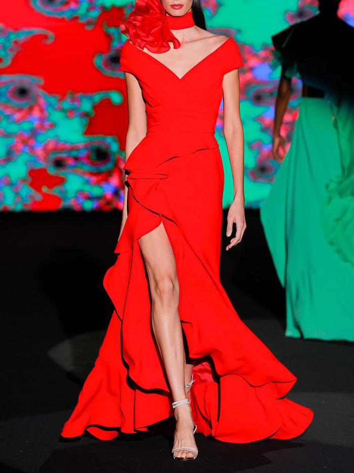 Hannibal laguna LOOK 22 Vestido KATALIN | Vestido de fiesta en crepe geranio con escote Liz drapeado y falda larga asimétrica