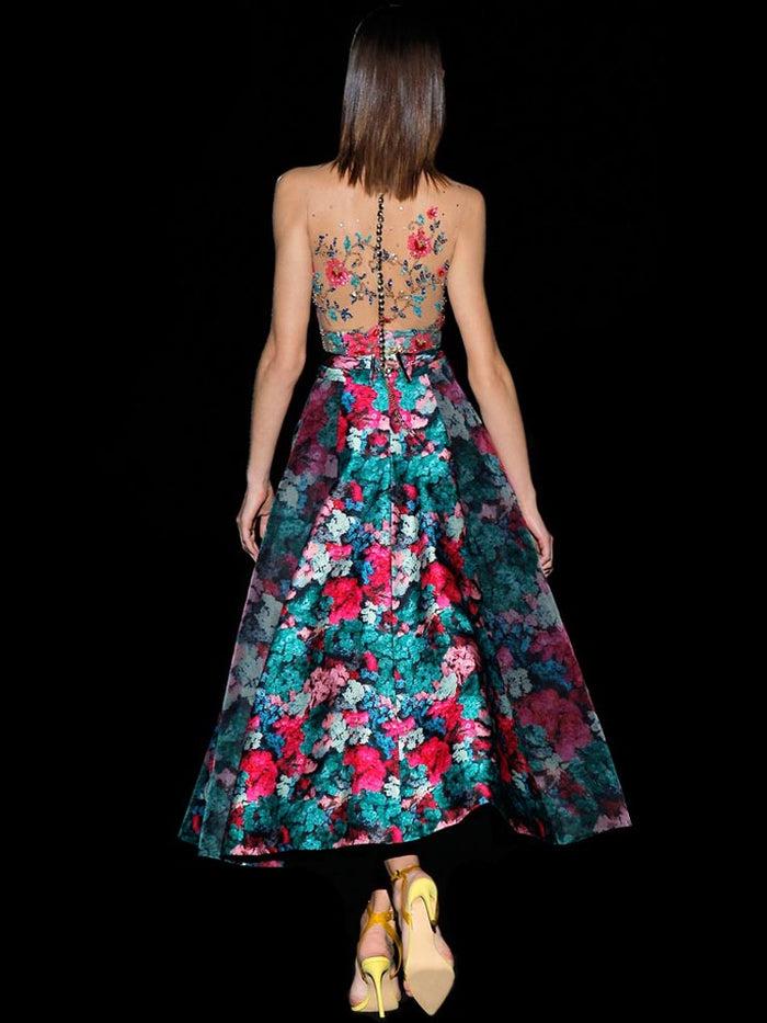 Hannibal Laguna Look 23 DULCE | Vestido En Satín Y Organza Estampada Falda Midi De Nesgas