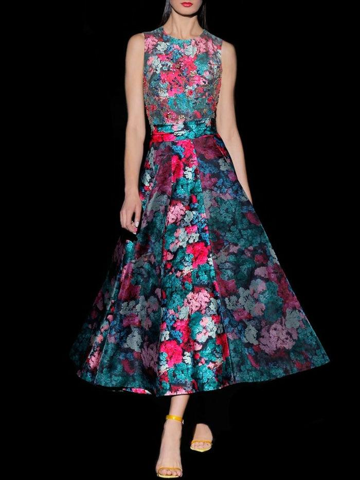 Hannibal laguna Look 23 DULCE | Vestido en satín y organza estampada falda midi de nesgas