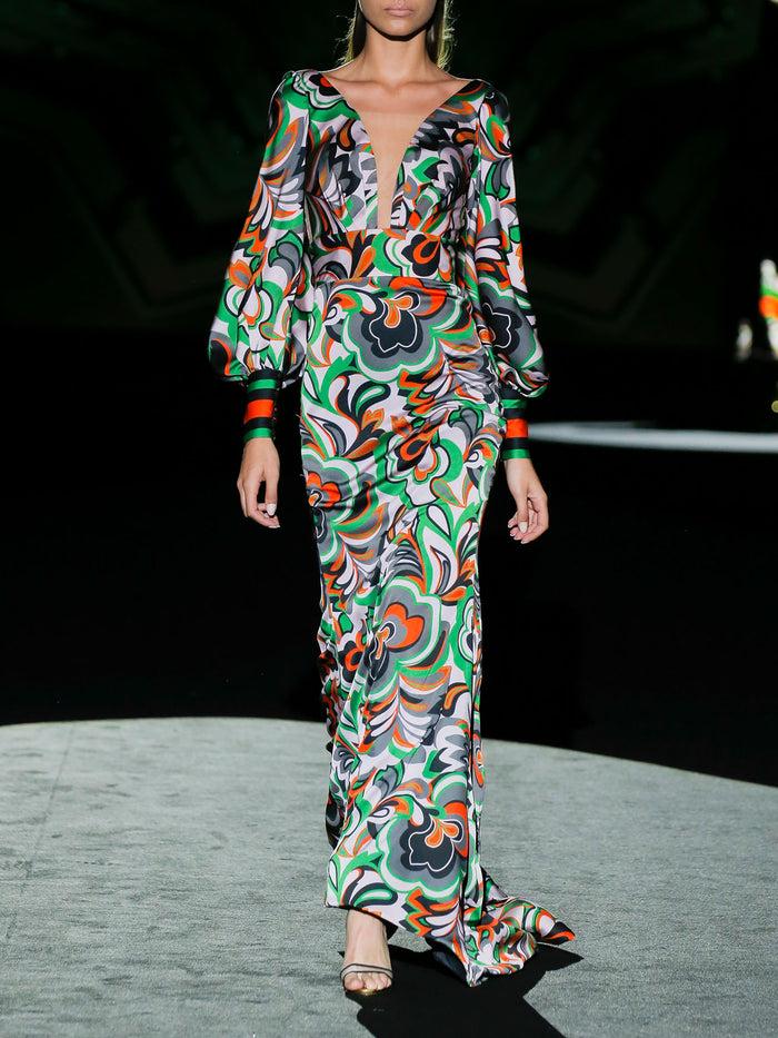 Hannibal laguna LOOK 23 FONTANELA | Vestido fiesta en satín estampado con falda sirena