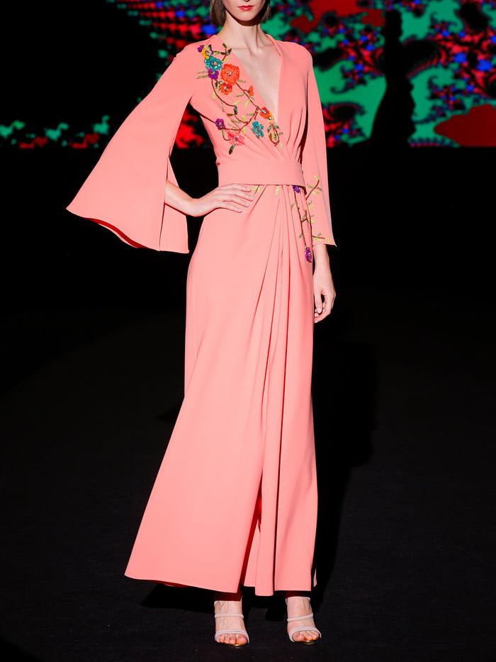 Hannibal Laguna LOOK 23 Vestido KATARA | Vestido De Fiesta En Crepe Color Flamenco Con Escote En V