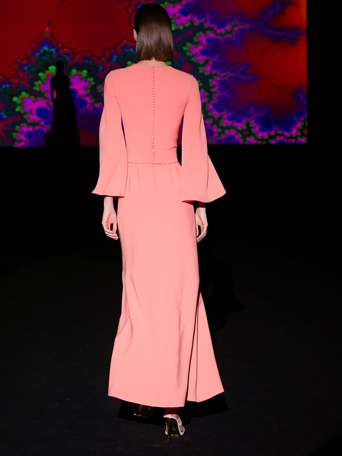 Hannibal Laguna LOOK 23 Vestido KATARA | Vestido De Fiesta En Crepe Color Flamenco Con Escote En V