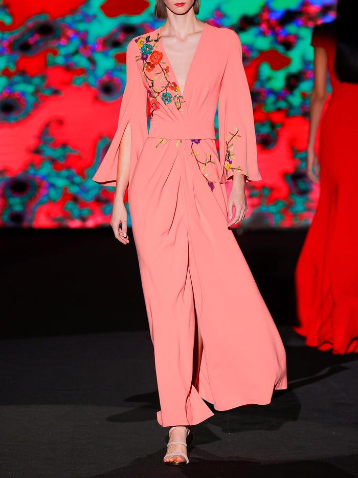 Hannibal laguna LOOK 23 Vestido KATARA | Vestido de fiesta en crepe color flamenco con escote en V