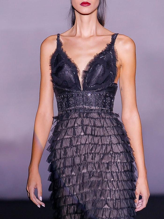 Hannibal Laguna Look 23 XISELA | Vestido Largo De Fiesta En Tul Volantes Y Pedreria Color Negro