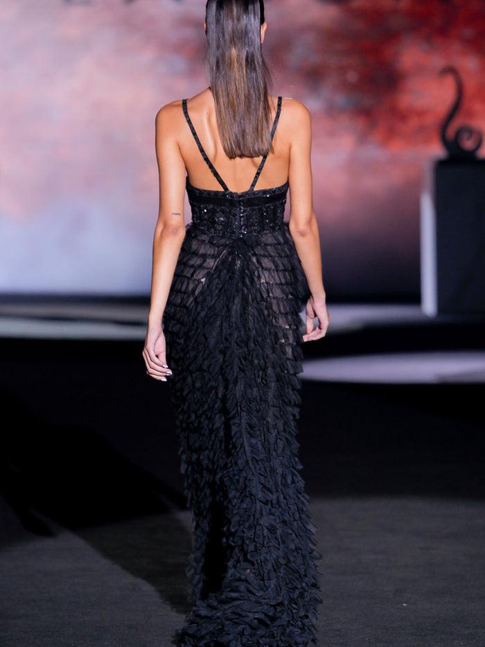 Hannibal Laguna Look 23 XISELA | Vestido Largo De Fiesta En Tul Volantes Y Pedreria Color Negro