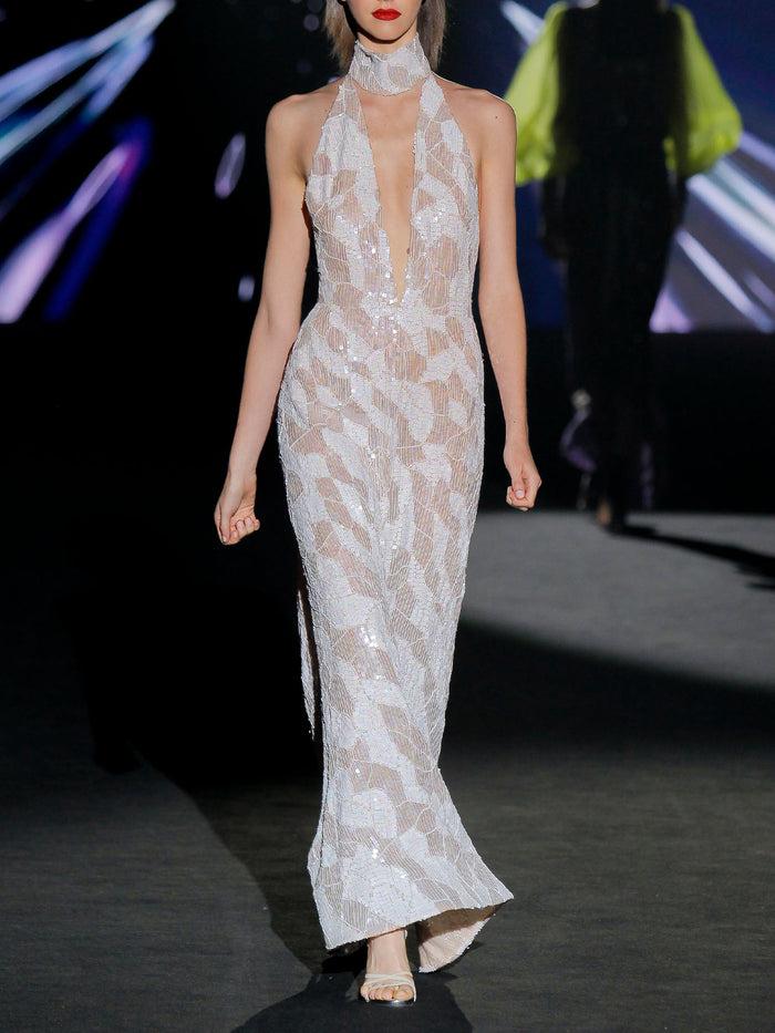 Hannibal laguna LOOK 24 IVANOVA | Vestido de fiesta en lentejuelas nude y blanco