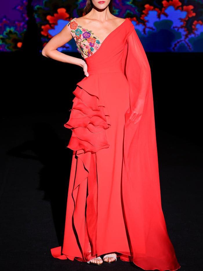 Hannibal Laguna LOOK 24 Vestido KENDALAR | Vestido De Fiesta En Crepe Color Geranio Con Escote Asimétrico En V