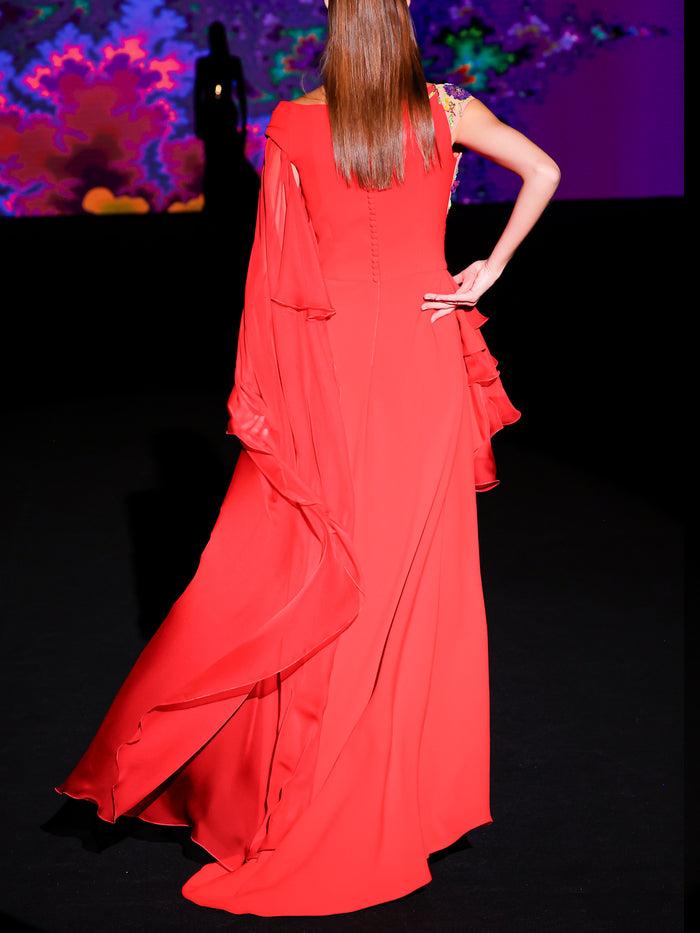 Hannibal Laguna LOOK 24 Vestido KENDALAR | Vestido De Fiesta En Crepe Color Geranio Con Escote Asimétrico En V