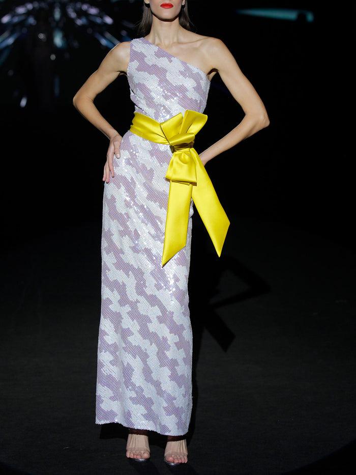 Hannibal laguna LOOK 25 ITALAWA | Vestido de fiesta entallado en lentejuelas lila y blanco