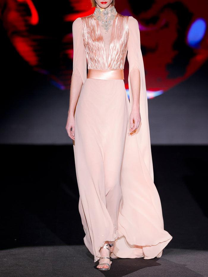 Hannibal laguna LOOK 25 Vestido JILBORAN | Vestido de fiesta realizado en satin y gasa color salmon y collar de swarovski