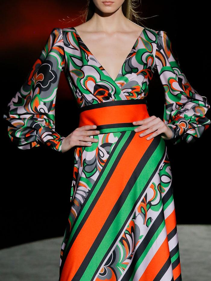 Hannibal Laguna LOOK 26 FLORIN | Vestido En Satín Estampado Psicodélico Con Falda Evasé