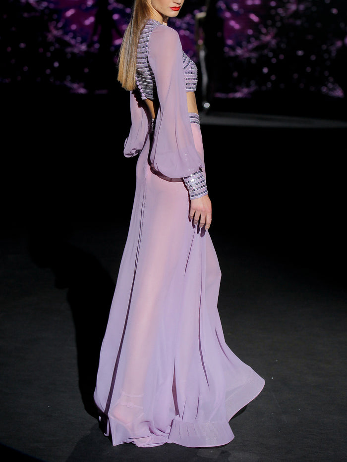 Hannibal Laguna LOOK 26 ITALIOT Y ILU | Crop Top En Gasa Bordada. Falda En Gasa Amatista