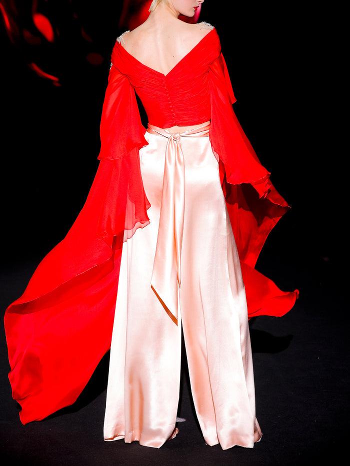 Hannibal Laguna LOOK 27 Cuerpo JARDINETO Y Pantalón JAVIA | Cuerpo De Fiesta Realizado En Gasa De Seda Color Rubi Y Swarovski Y Pantalon Realizado En Satin De Seda Color Salmón