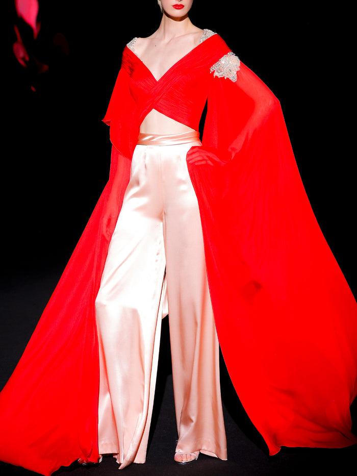 Hannibal Laguna LOOK 27 Cuerpo JARDINETO Y Pantalón JAVIA | Cuerpo De Fiesta Realizado En Gasa De Seda Color Rubi Y Swarovski Y Pantalon Realizado En Satin De Seda Color Salmón