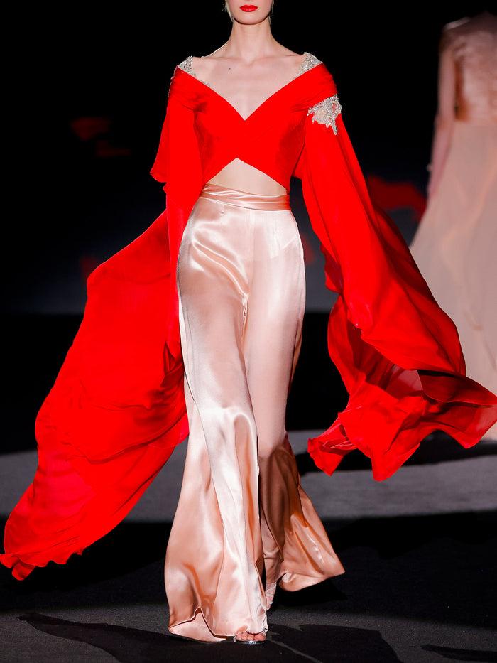 Hannibal laguna LOOK 27 Cuerpo JARDINETO y Pantalón JAVIA | Cuerpo de fiesta realizado en gasa de seda color rubi y swarovski y pantalon realizado en satin de seda color salmón