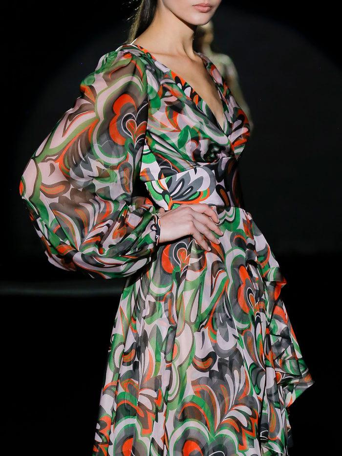 Hannibal Laguna LOOK 27 FANTINELI | Vestido De Fiesta En Gasa Estampada Psicodélica Con Amplia Falda