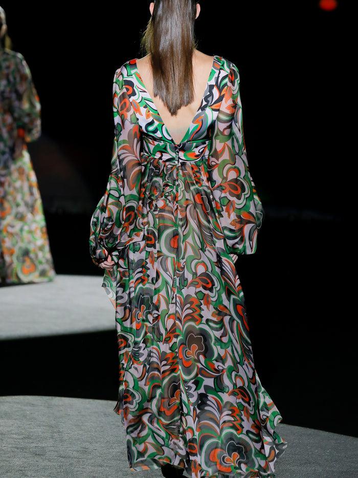 Hannibal Laguna LOOK 27 FANTINELI | Vestido De Fiesta En Gasa Estampada Psicodélica Con Amplia Falda