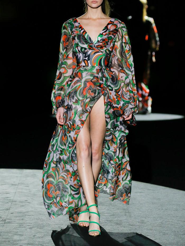 Hannibal laguna LOOK 27 FANTINELI | Vestido de fiesta en gasa estampada psicodélica con amplia falda