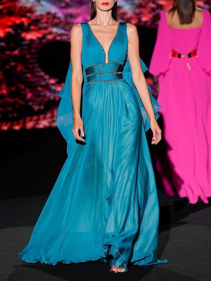 Hannibal laguna LOOK 27 Vestido KOLOSO | Vestido de fiesta en gasa color laguna con escote en V