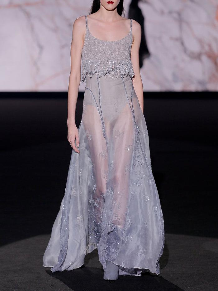 Hannibal laguna Look 28 XANTO | Vestido largo de fiesta en pedreria color plata