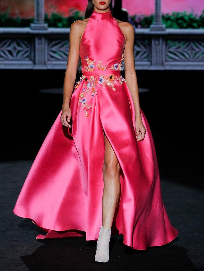 Hannibal laguna LOOK 29 GARLAND | Vestido de fiesta en mikado color flamenco