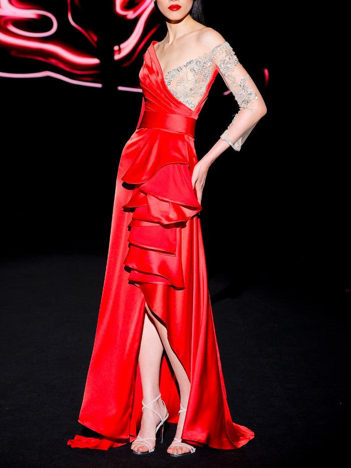 Hannibal Laguna LOOK 29 Vestido JENDALS | Vestido De Fiesta Realizado En Satín Color Rubi Y Swarovski