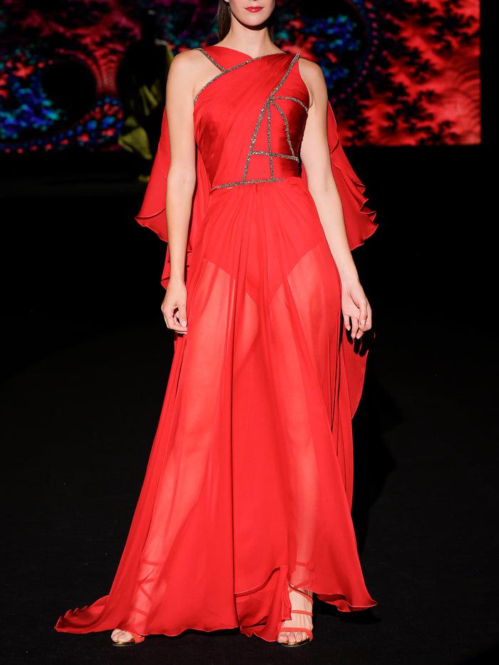 Hannibal Laguna LOOK 29 Vestido KARONTI | Vestido De Fiesta En Gasa Color Geranio Con Escote Asimétrico Bordado Con Tiras De Cristal Cobalto