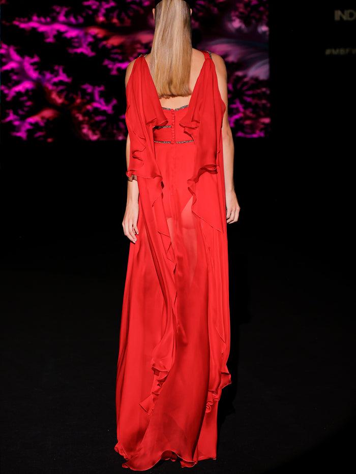 Hannibal Laguna LOOK 29 Vestido KARONTI | Vestido De Fiesta En Gasa Color Geranio Con Escote Asimétrico Bordado Con Tiras De Cristal Cobalto