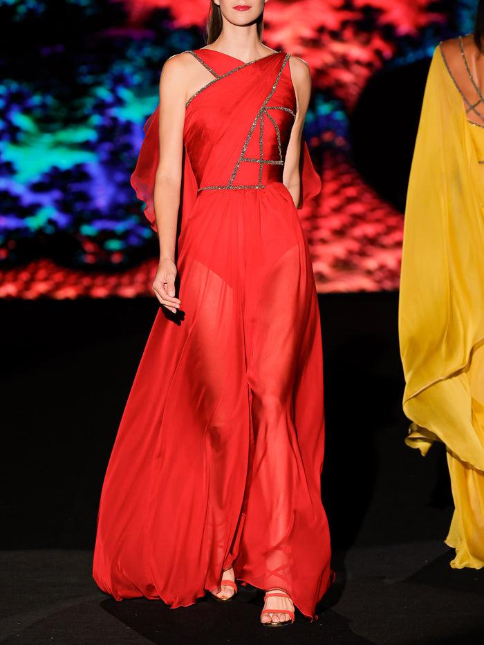 Hannibal laguna LOOK 29 Vestido KARONTI | Vestido de fiesta en gasa color geranio con escote asimétrico bordado con tiras de cristal cobalto