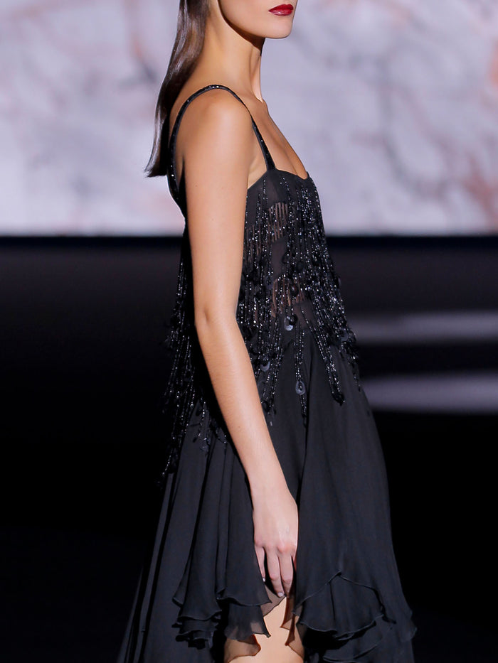 Hannibal Laguna Look 29 XAIRA | Vestido Corto De Fiesta En Gasa Color Negro Y Pedreria