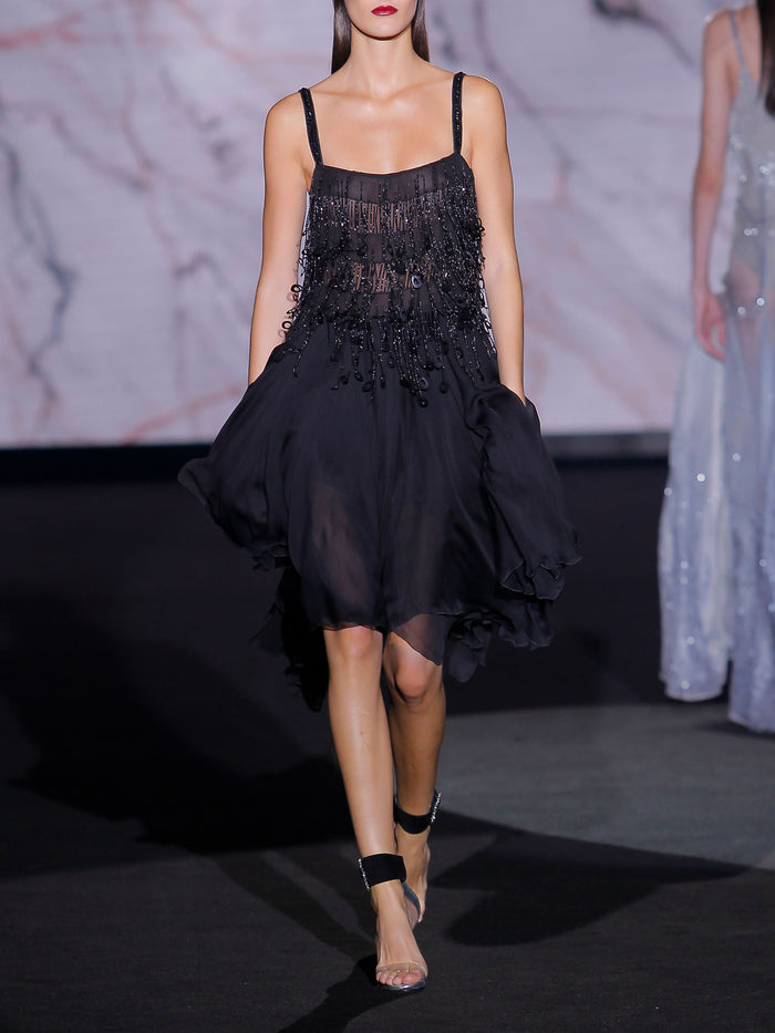 Hannibal laguna Look 29 XAIRA | Vestido corto de fiesta en gasa color negro y pedreria