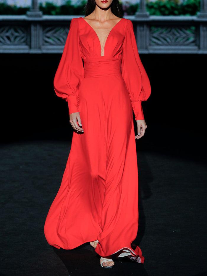 Hannibal laguna LOOK 3 GISELE | Vestido de fiesta en satín geranio con falda evasé