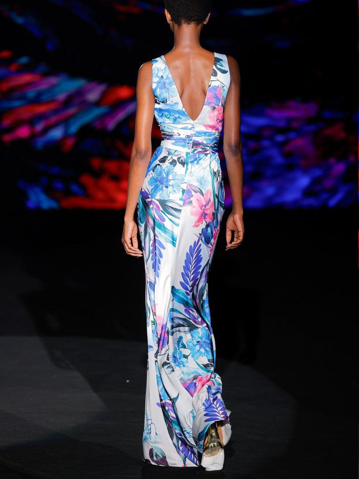 Hannibal Laguna LOOK 3 Vestido KAILOA | Vestido De Fiesta En Raso Y Organza Estampados Con Motivos Florales Escote En V Y Fajín Drapeado