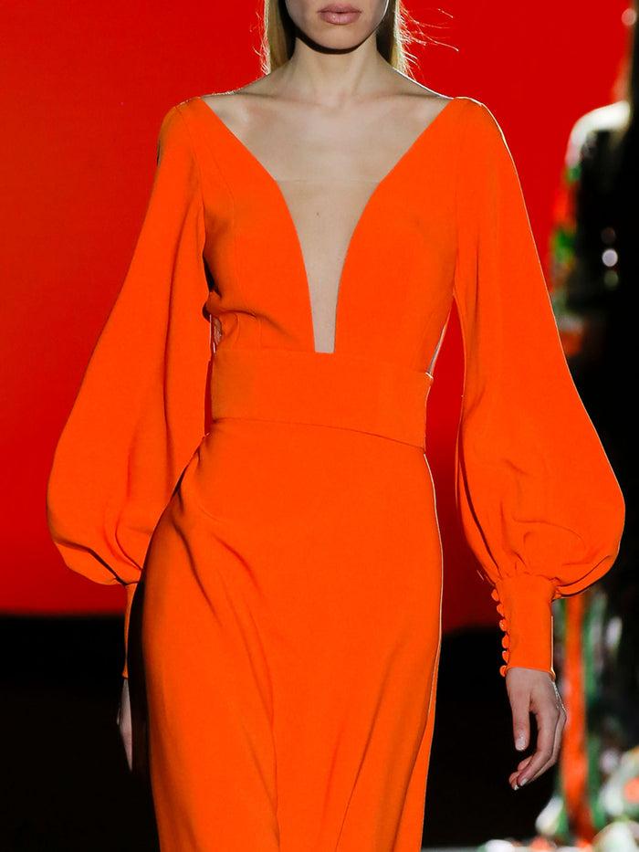 Hannibal Laguna LOOK 30 FELINI | Vestido De Fiesta En Crepe Naranja Con Escote Pico Y Falda Evasé