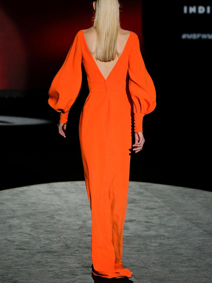 Hannibal Laguna LOOK 30 FELINI | Vestido De Fiesta En Crepe Naranja Con Escote Pico Y Falda Evasé