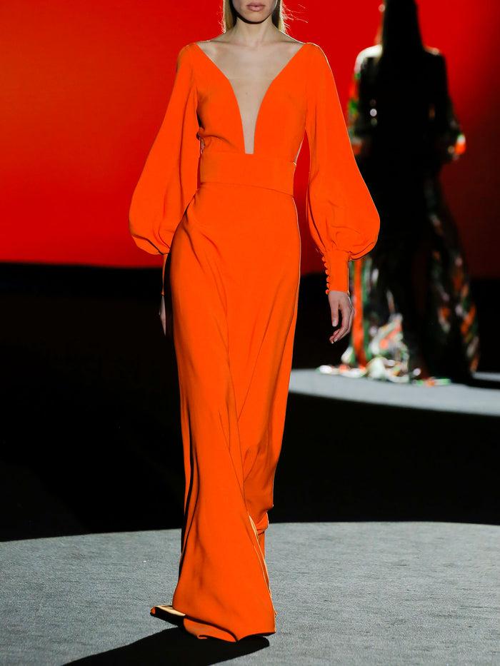 Hannibal laguna LOOK 30 FELINI | Vestido de fiesta en crepe naranja con escote pico y falda evasé
