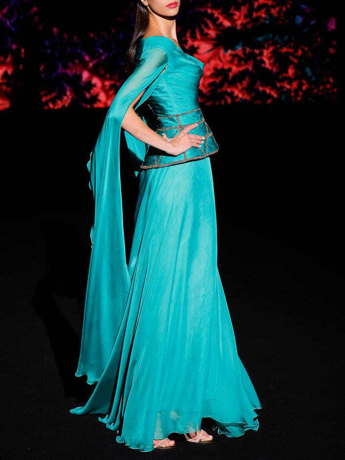 Hannibal Laguna LOOK 30 Vestido KUORIS| Vestido En Gasa Color Maldivas Con Escote Liz Y Caparazón Drapeado