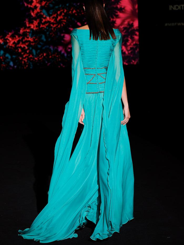 Hannibal Laguna LOOK 30 Vestido KUORIS| Vestido En Gasa Color Maldivas Con Escote Liz Y Caparazón Drapeado